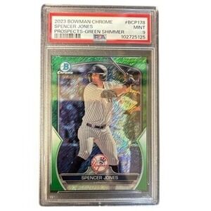 PSA 9 Mint‎ 2023 Bowman Chrome Spencer Jones Green Shimmer Baseball Card #BCP178